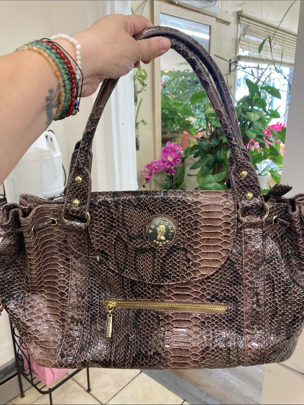 Vecceli Italy Brown Snake-Embossed Shoulder Bag with Gold Hardware
